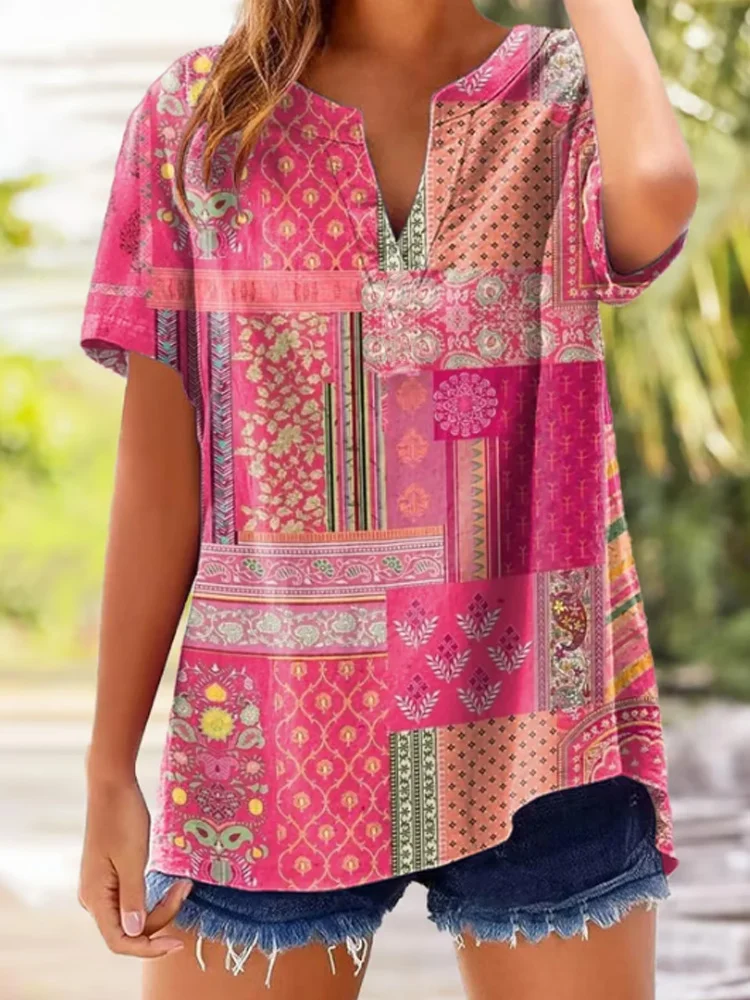 Women's Geometric Patchwork Breast Cancer Awareness Floral Art Cotton And Linen Shirt