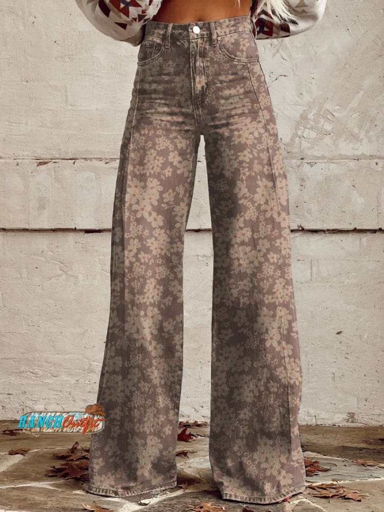 Women’s Brown Light Flowers Print Casual Wide Leg Pants Multicolor / S
