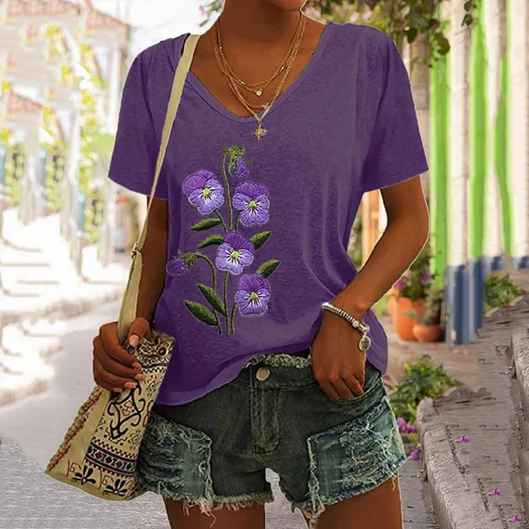 VChics Women's Purple Flower Print Casual V-Neck Tee