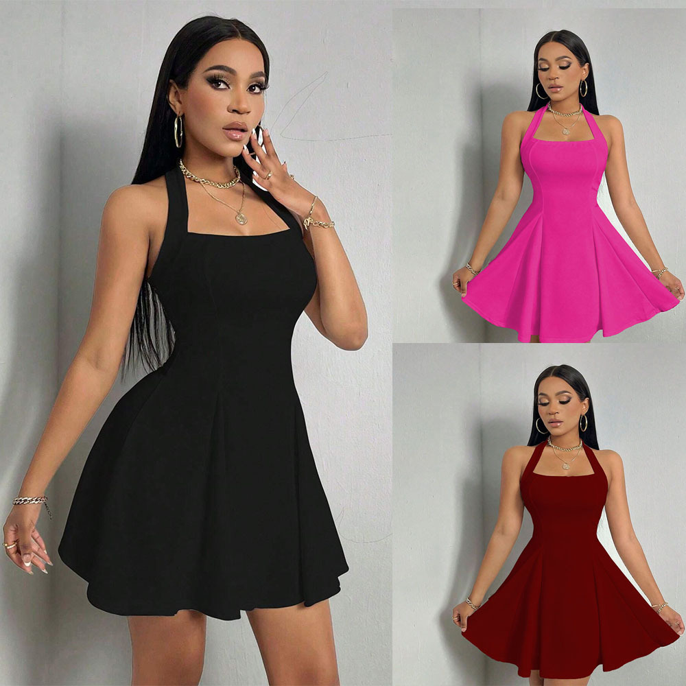 Women's Halter Neck Square Neck Flare Mini Dress, Sleeveless Fit & Flare Party Dress (3 Colors)