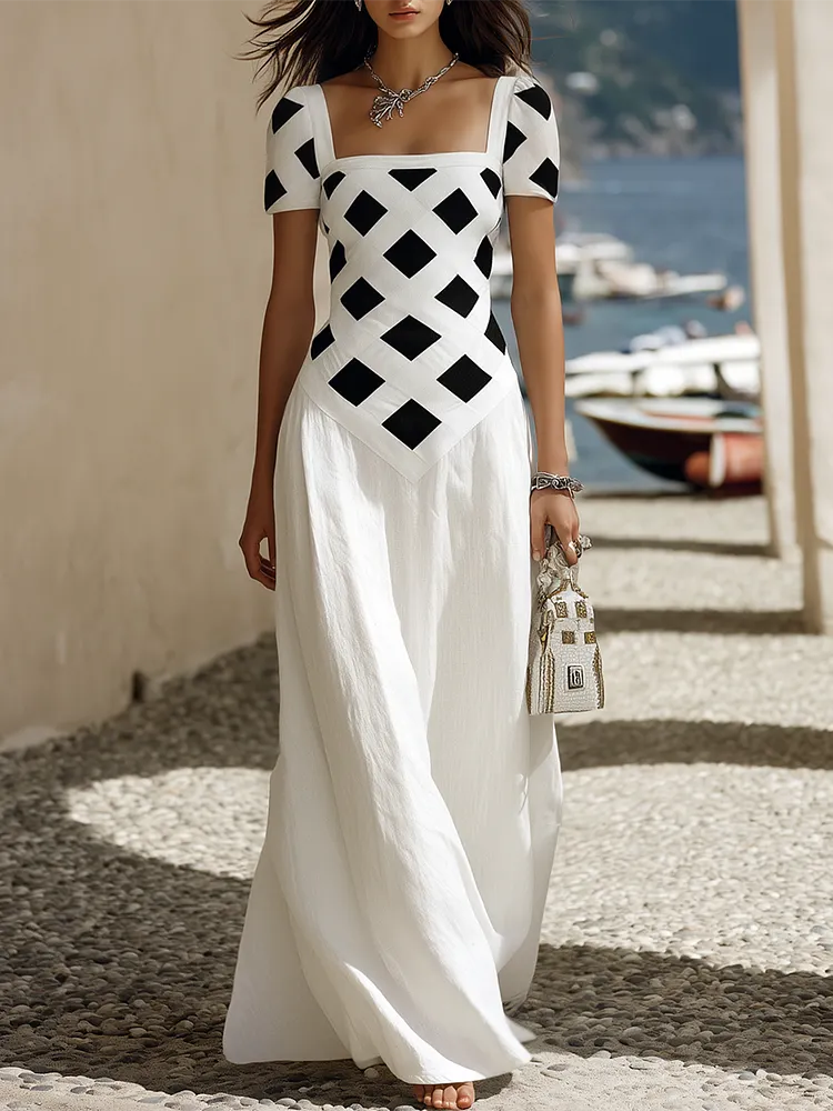 Vacation-style Square-neck Short-sleeve Plaid Print Maxi Dress