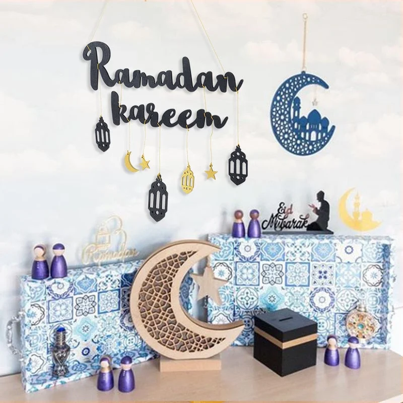 Eid Mubarak Ramadan Kareem Decor Moon Star Hanging Pendant Wooden Ornament Craft DIY Muslim Islamic Party Decoration for Home