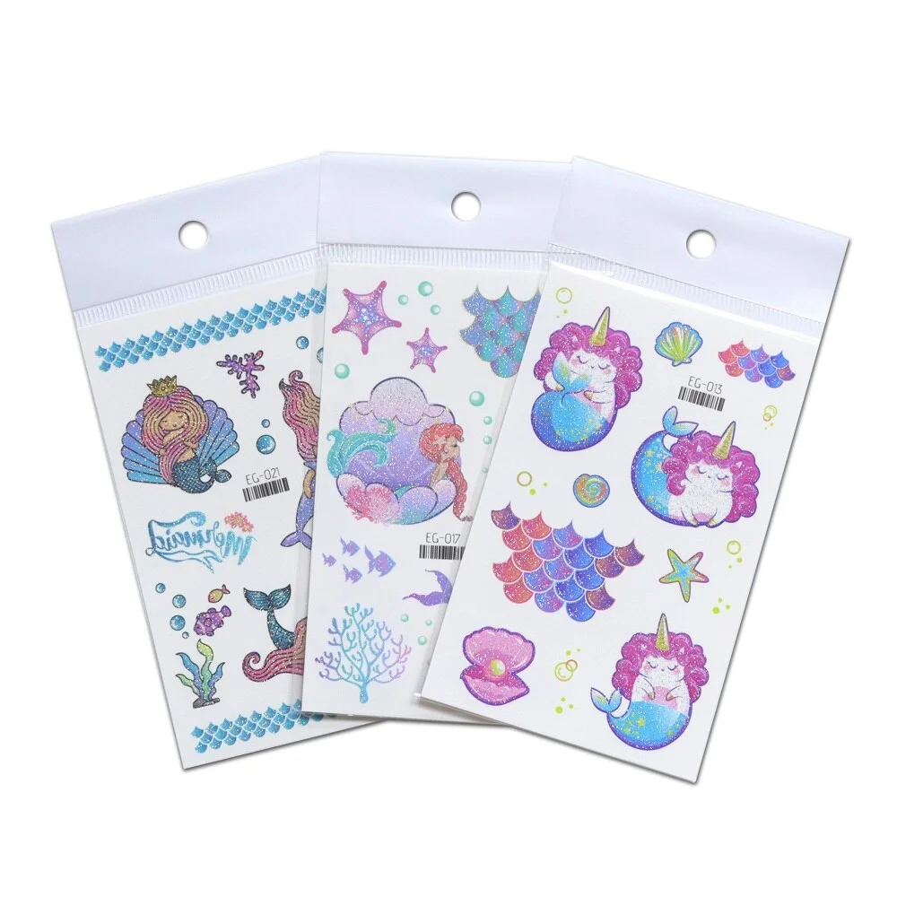 12 kinds Glitter Powder Temporary Tattoo Cartoon Mermaid Ocean Stickers tatouage temporaire Disposable Party Makeup