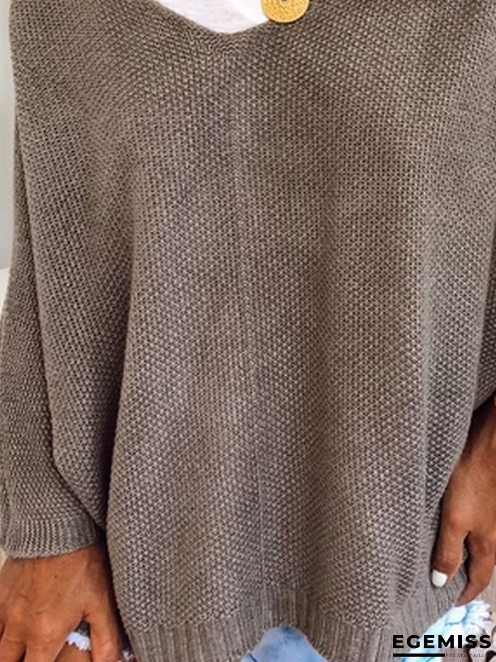Grey Crew Neck Long Sleeve Knitted Plus Size Sweater | EGEMISS
