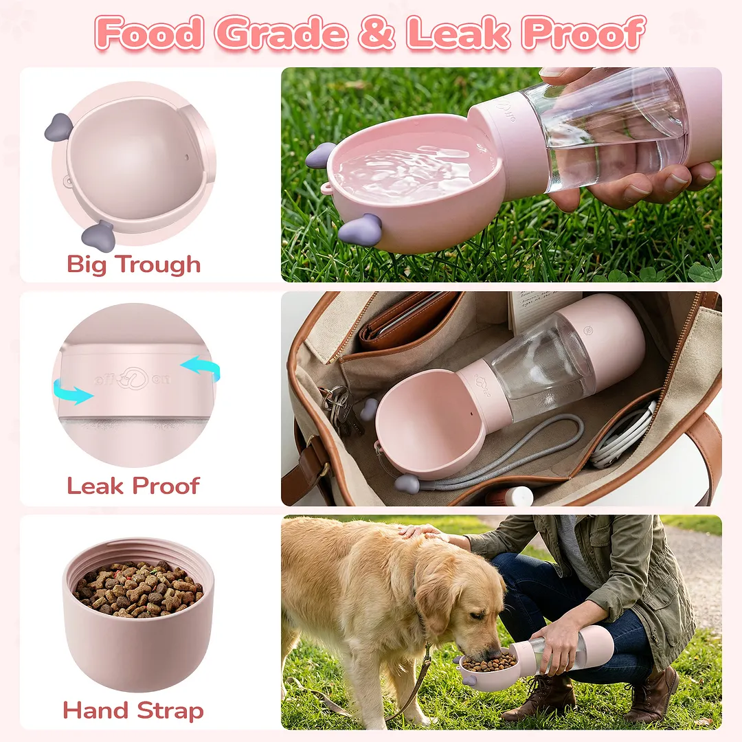 BEBANG Dog Water Bottle with Food Container, Leak-Proof Portable Pet Travel Water Cup, BPA-Free, 11.8oz/350ml Capacity for Dogs & Cats (Pink)