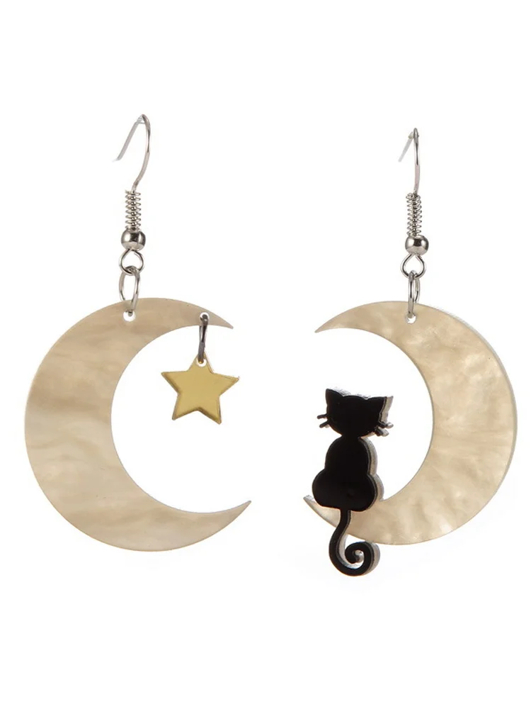 Cartoon Black Cat And Moon Earrings