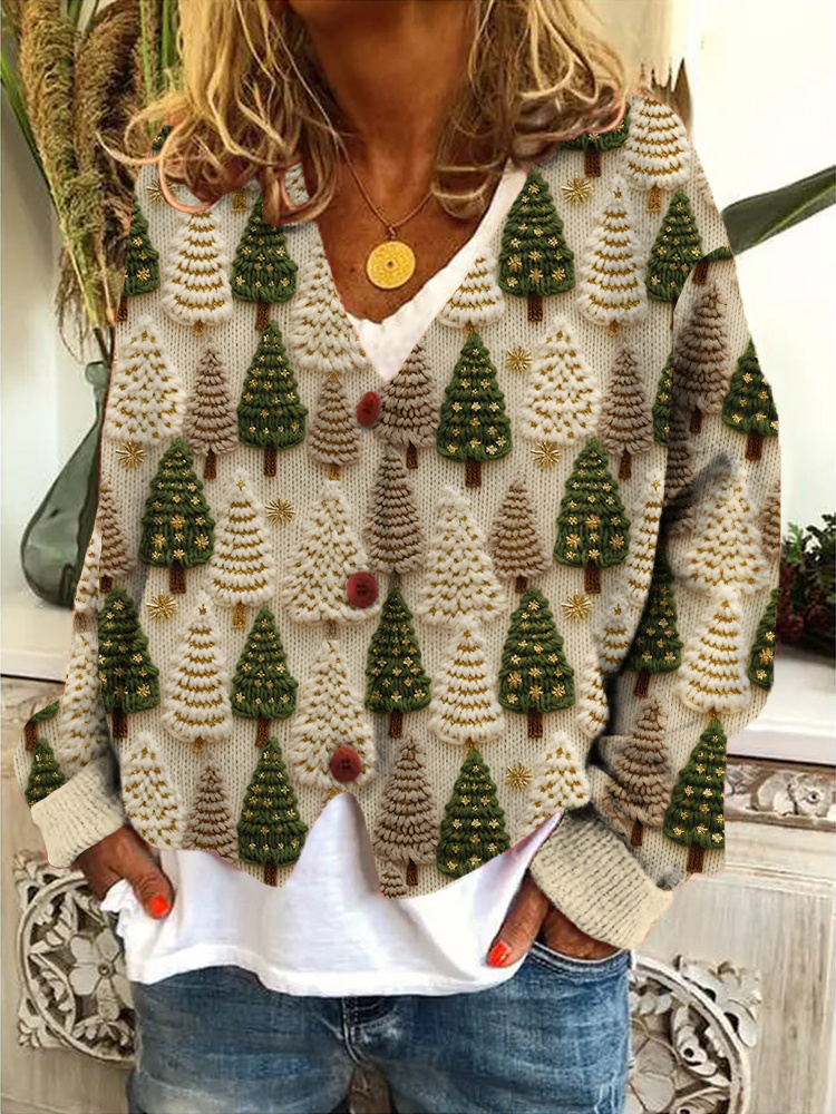 Christmas Tree Embroidery Art Casual Cozy Knit Cardigan Sweater wearshes