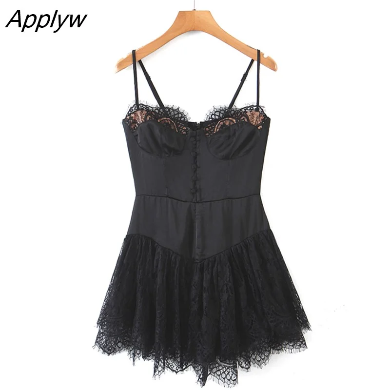 Applyw Sexy Solid White Stitching Lace Bra Corset style Spaghetti Strap Mini Dress Women Backless Party Skater Short Sling Robe