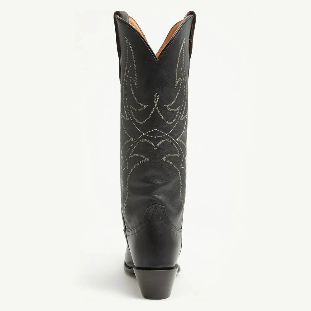 Snip Toe Chunky Heel Knee High Stitching Western Boots in Black