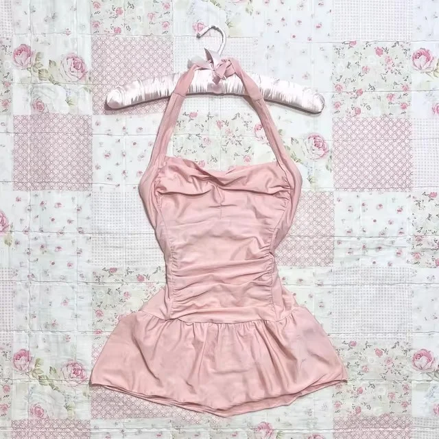 Aonga Solid color bow decoration dress fashion lace edge casual Y2K top emotional girl urban beauty chic slim sweet street women dress aonga