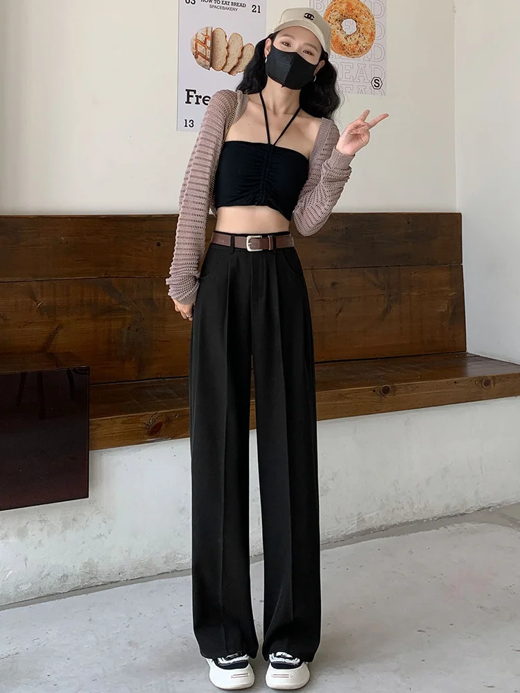Toloer Narrow Version Wide Leg Pants Female Spring And Summer 2024 New High Waist Hanging Feeling Straight Tube Small Senior Sense Pressure Pleated Suit Pants-Outfit Ideas
