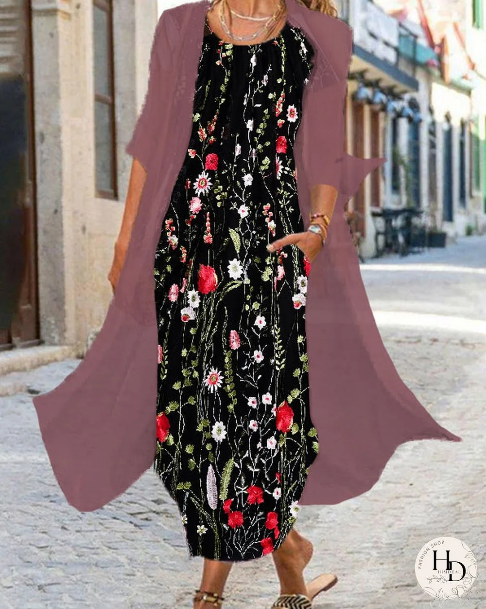 Fake Two Piece Casual Crew Neck Printed Maxi Dress S-5XL