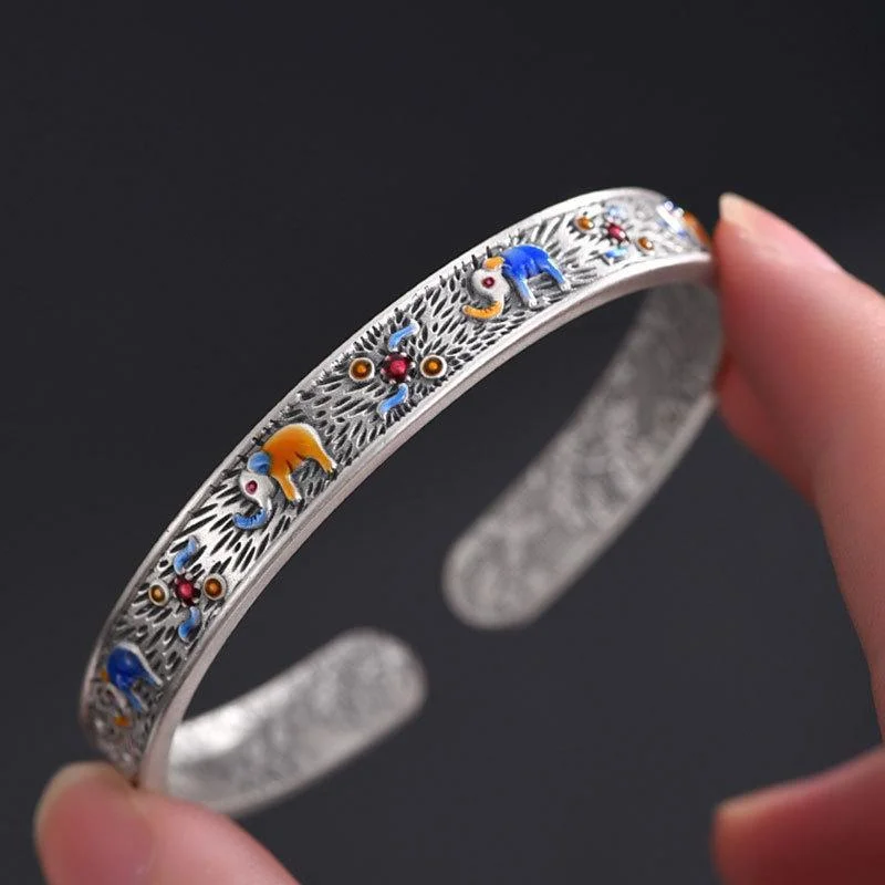 Retro ethnic style auspicious elephant enamel open silver bracelet