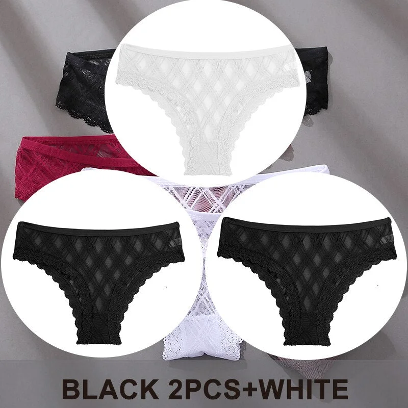 FINETOO 3PCS/Set Women's Panties Sexy Lace Lingerie Temptation Underwear Briefs Pespective Woman Thongs Mesh Underpants Female