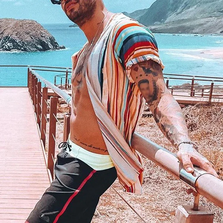 Men's Striped Printed Short Sleeve Shirt Casual Top Men's Fashion