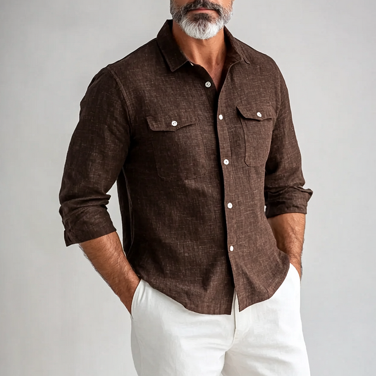 Men's Turndown Collar Button Flap Pocket Long Sleeve Shirt
