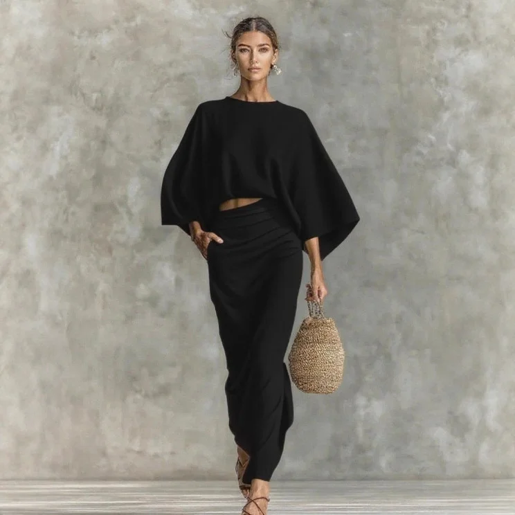 Athvotar Athvotar Shein Round Collar Long-Sleeved Top High Waist Skirt Suit Women's Clothing