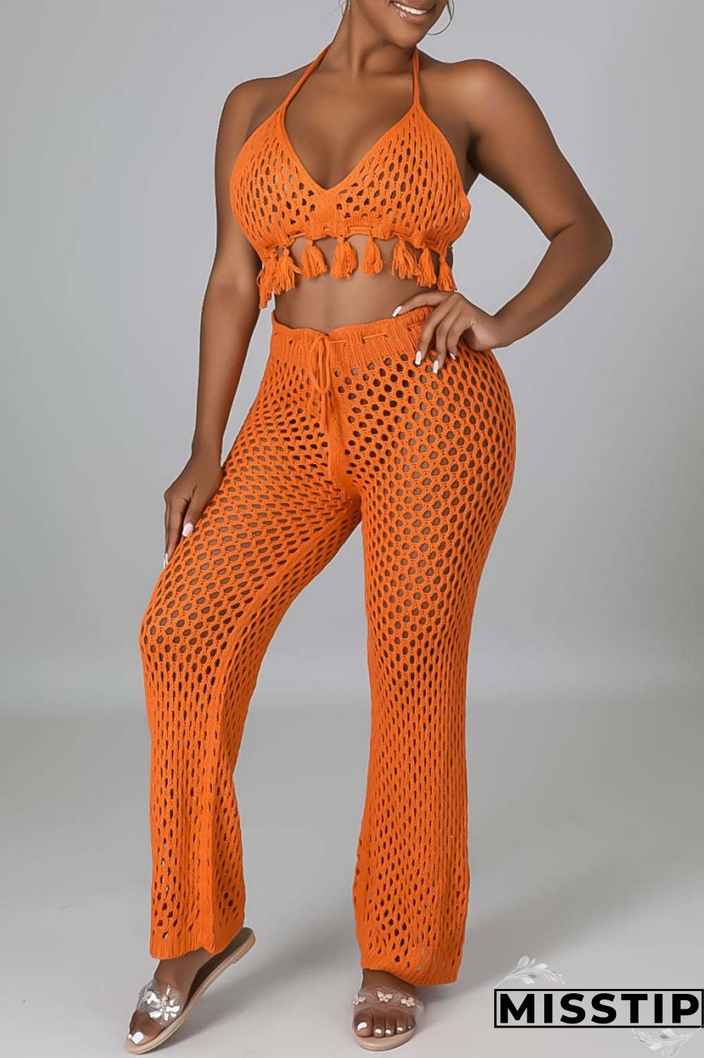 Orange Sexy Solid Bandage Hollowed Out Backless Halter Sleeveless Two Pieces