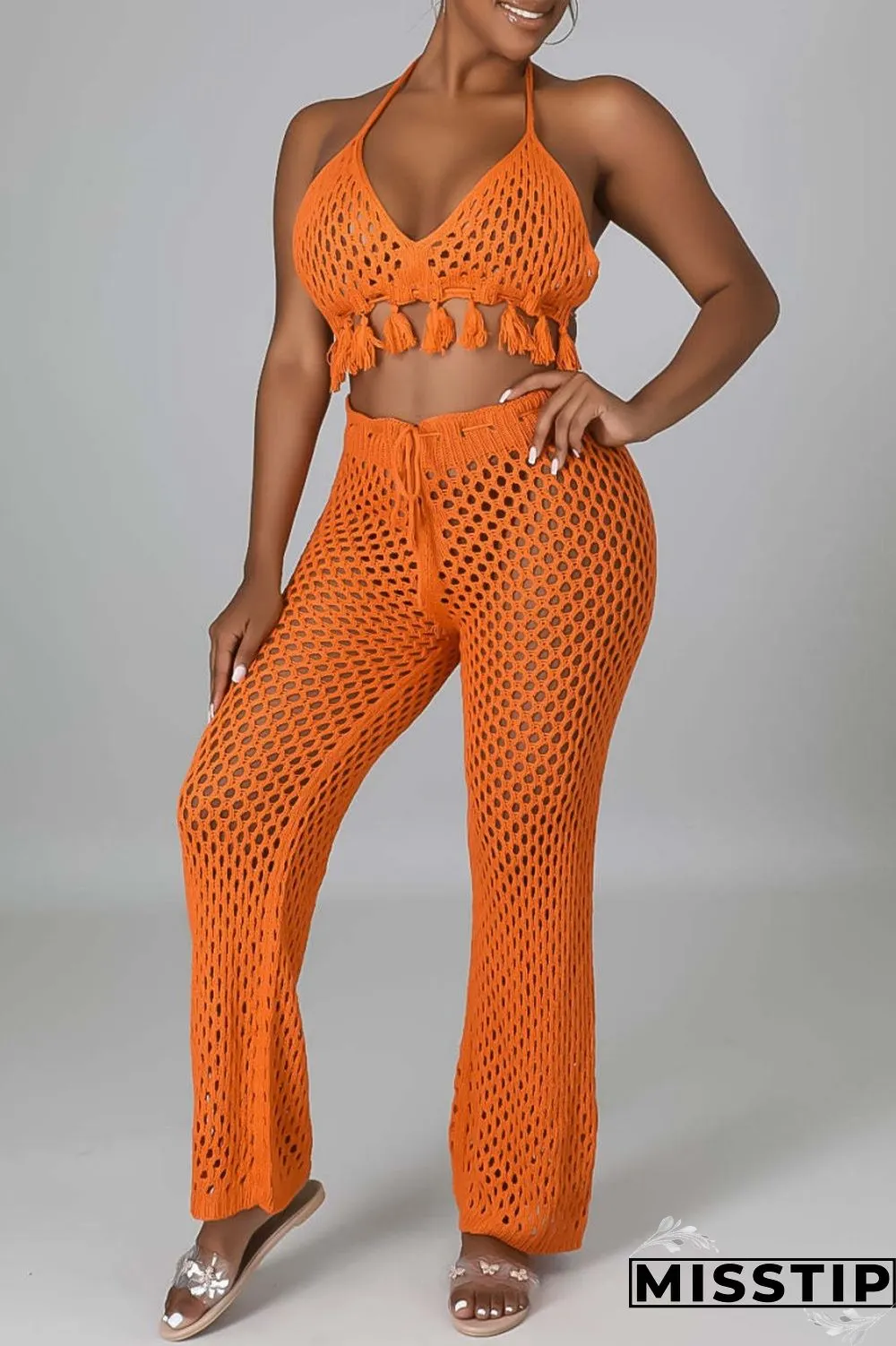 Orange Sexy Solid Bandage Hollowed Out Backless Halter Sleeveless Two Pieces