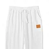 Men's Linen Leather Lable Beach Drawstring Elastic Waist Straight Leg Plain Comfort Breathable Pants White by Inlyline