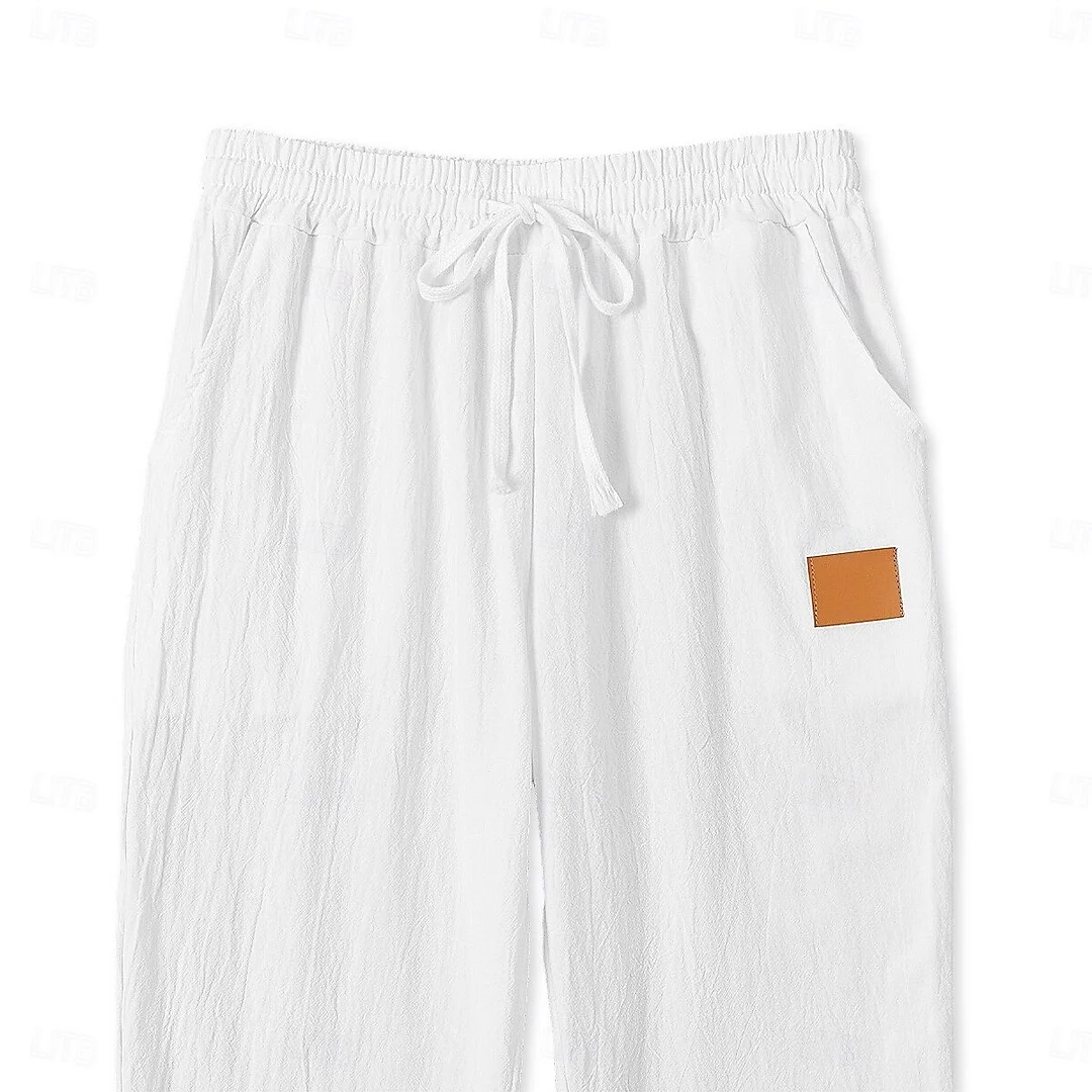 Men's Linen Leather Lable Beach Drawstring Elastic Waist Straight Leg Plain Comfort Breathable Pants White