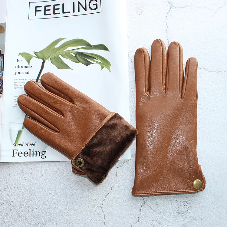 Men's Deerskin Pattern Goatskin Gloves Autumn and Winter Plus Velvet to Keep Warm Fashion Outer Seam Outdoor Cycling Gloves VangoghDress