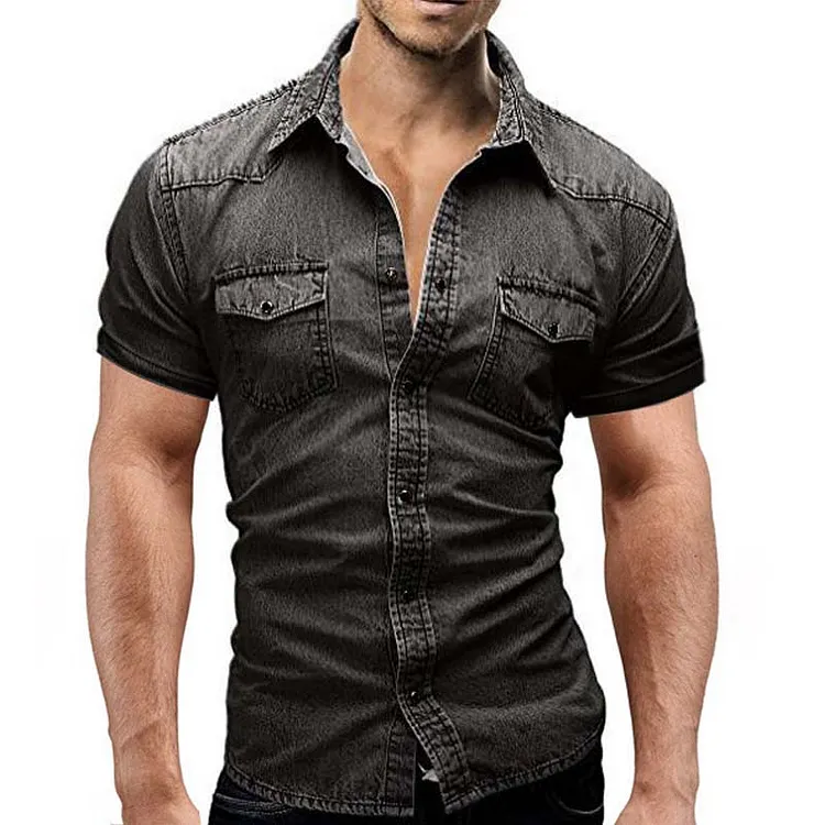 Men's Casual Denim Slim Short Sleeve Shirt