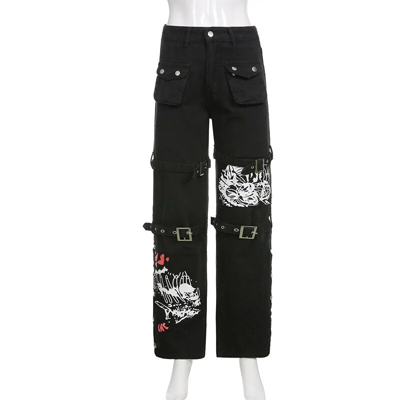 Sweetown Eyelet Buckle Black Punk Goth Jeans Woman Techwear Dark Academic Print Streetwear Cargo Pants Low Waist Denim Trousers