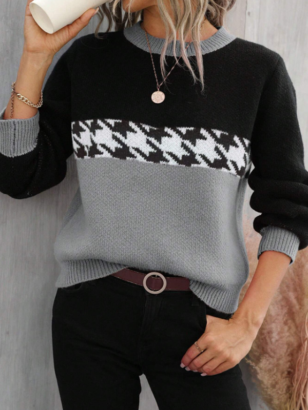 Mature Women Contrast Color Pullover Round Neck Knitted Sweater