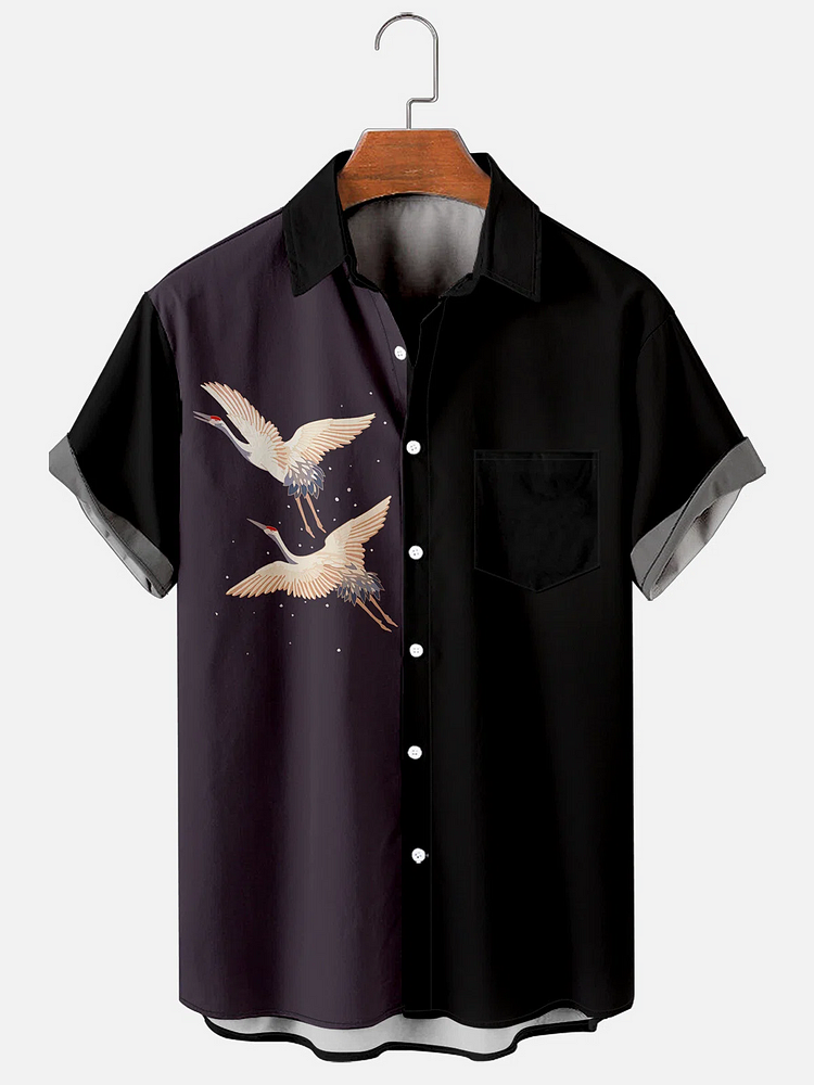 Mens Japanese Crane Print Casual Breathable Chest Pocket Short Sleeve Hawaiian Shirts
