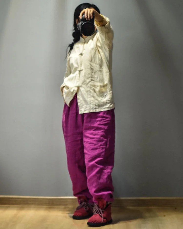 Loose Solid Color Elastic Waist Linen Padded Pants Ladies Vintage Autumn Winter Harem Trousers Female Warm Pants