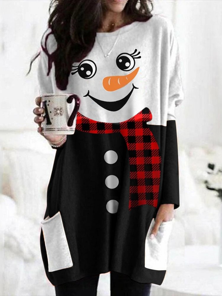 Merry Christmas Snowman Print Long Sleeve Dress