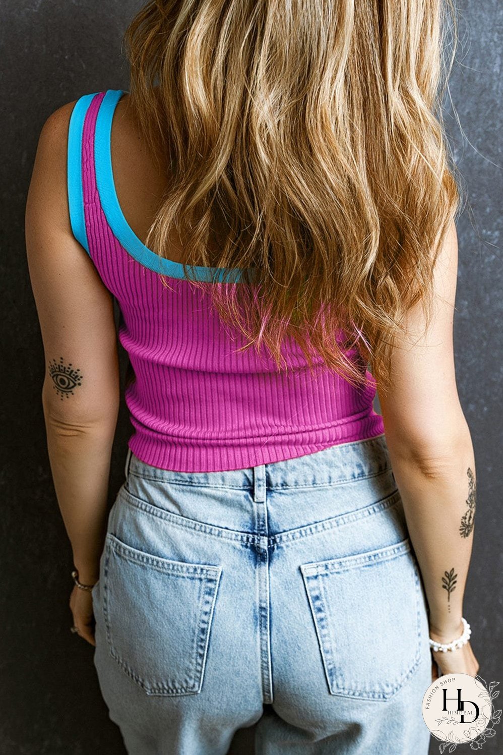 Bright Pink Ribbed Knit U Neck Tank Top with Colorblock Detail