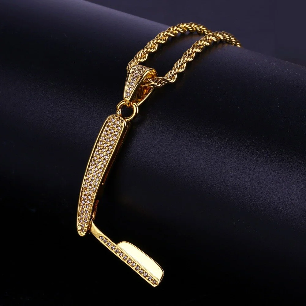 Gold Plated Razor Pendant Necklace Iced Out Jewelry-VESSFUL