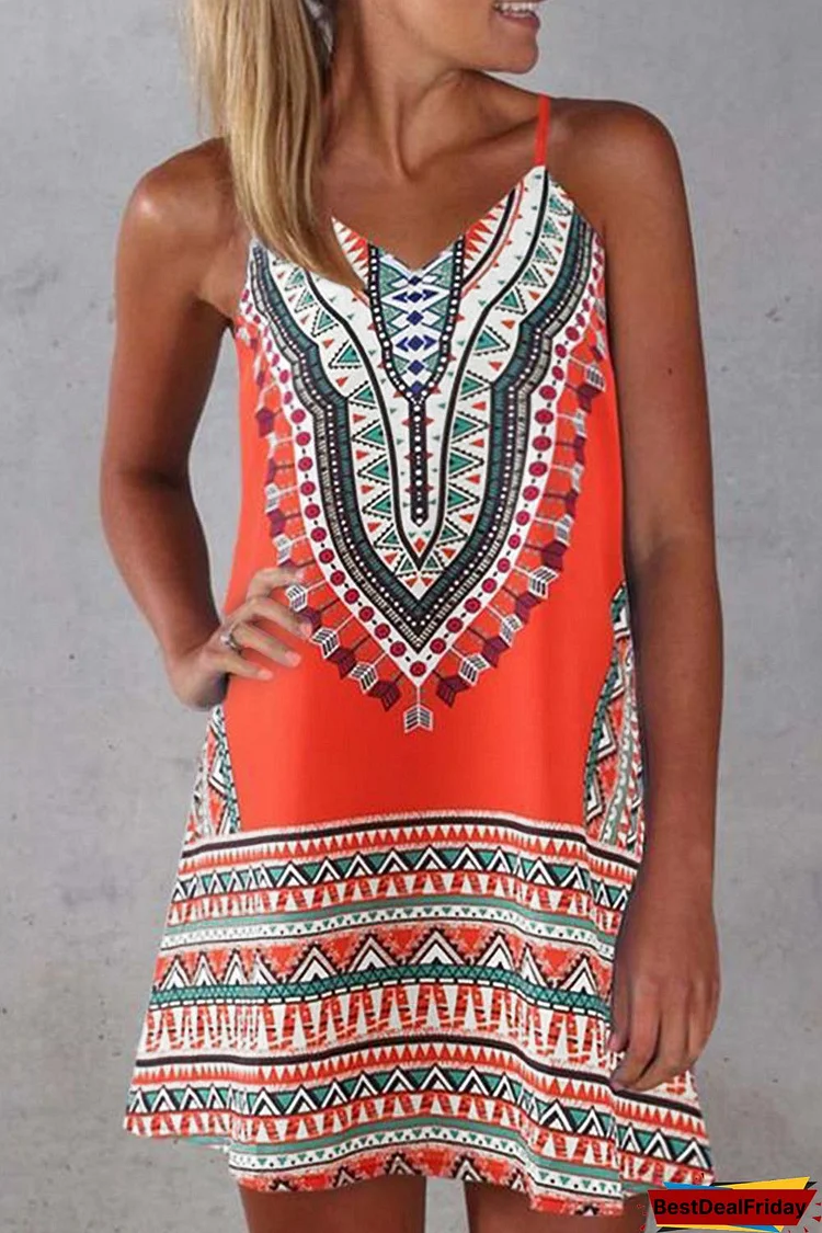 BestDealFriday Orange Boho Aztec Print Sleeveless Sundress P1481406