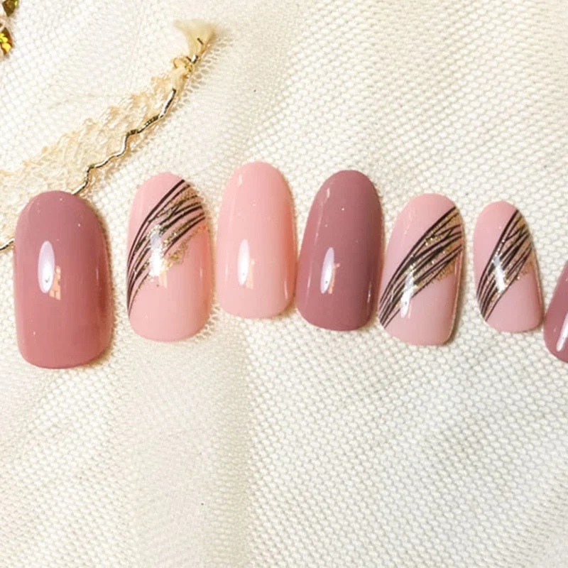 24pcs false press on nails pink color oval head Mid-length Wear  Finished product wearable full cover fake nail tips for girls 515-1-Nail Inspo