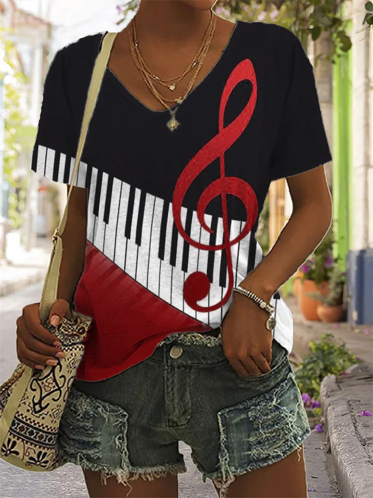 Treble Clef Piano Keys Colorblock V Neck T Shirt