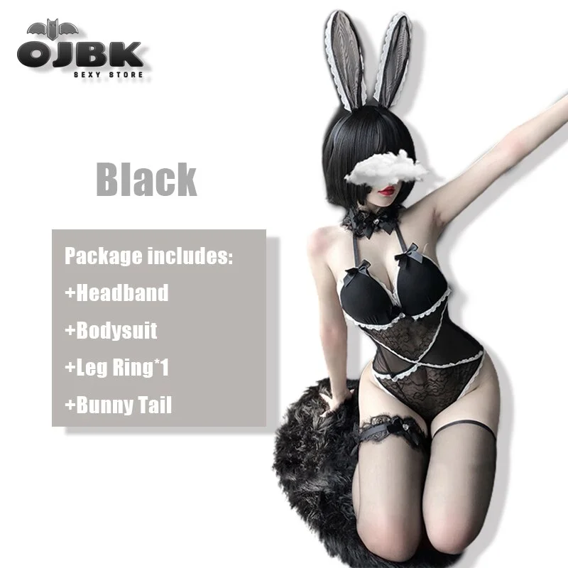 Billionm OJBK Sexy Bunny Girl Black Cosplay Costumes With Cute Rabbit Tail Transparent Charming Bodysuit Headband Legring 3pcs Set Outfit