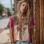 Women's Bohemian Floral Embroidery Art V-neck Contrast Color Linen Blend T-shirt - Image 2