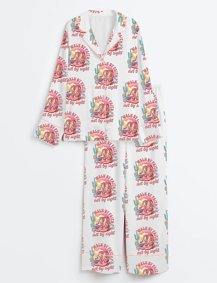 Women&rsquo;s Walk by Faith Not by Sight Christian Jesus God Long Sleeve Satin Pajama Set