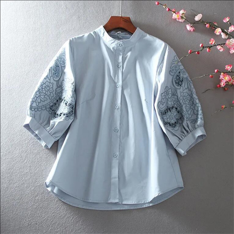 Women's Fashion Cotton Embroidered Half Sleeve Hollow Stand Collar Blouses