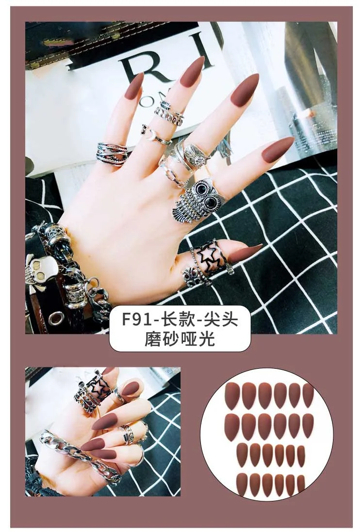 24Pcs Charming Fake False Nails Tips Wine Red Pointed Head Full Cover Nail Tips Long Style Nude Artificial Flase Nails with Glue-Nail Inspo