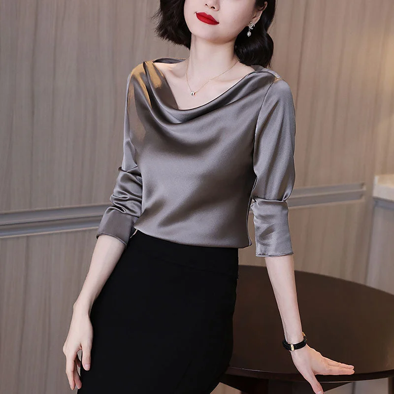 Casual Satin Shirt Blouse Women Swing Collar Solid Chic Silk Shirts Female Office Tops Long Sleeve Elegant Loose Blouse 20122