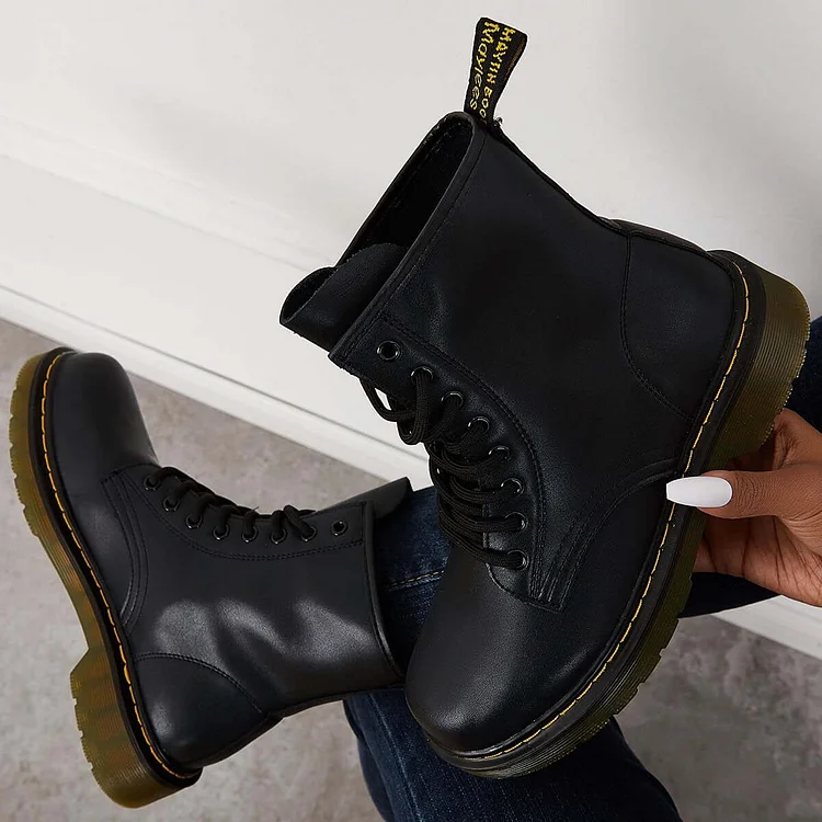 Black Lace Up Platform Combat Boots Block Heel Booties