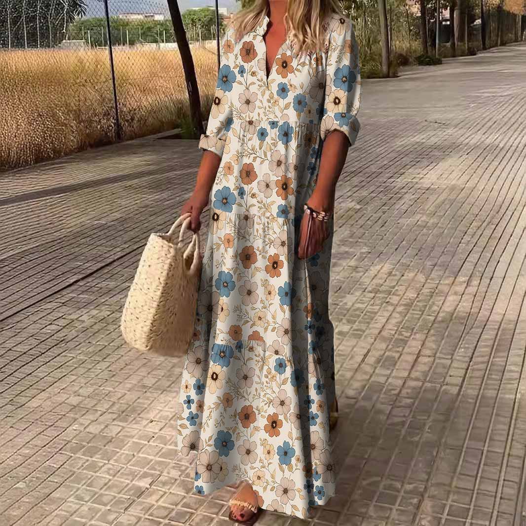 Women Floral, Khaki, Blue DZDN1131 SPU Printed Long Sleeve V-neck Maxi Dress