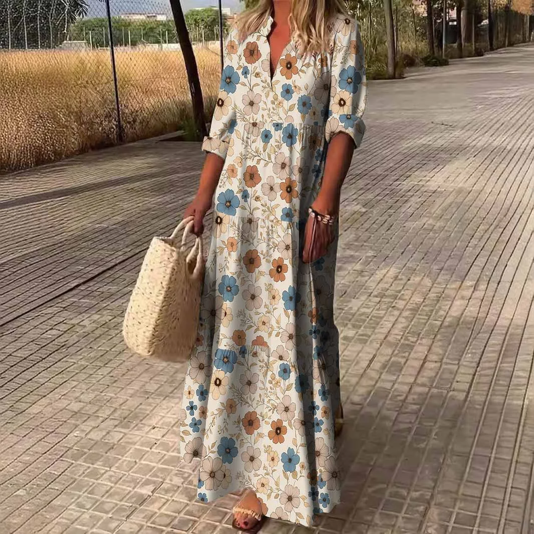 Women Floral, Khaki, Blue DZDN1131 SPU Printed Long Sleeve V-neck Maxi Dress