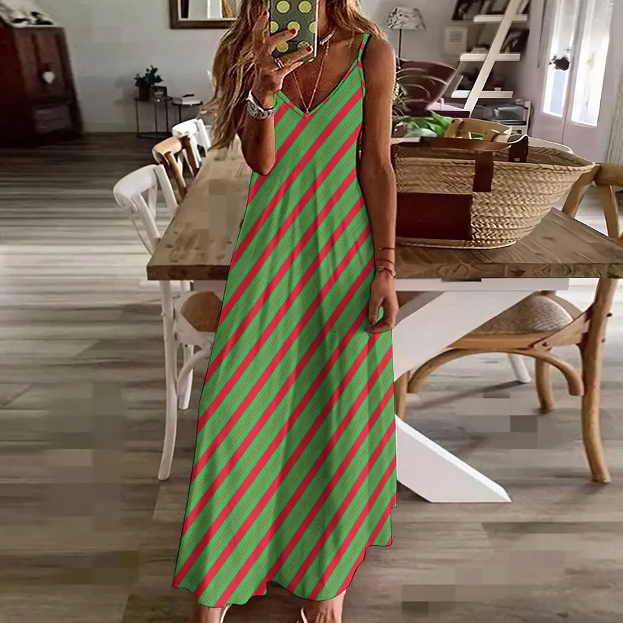 Christmas Peppermint Candy Cane Holiday Women's Casual Strappy V Neck Sleeveless Flowy Loose Long Maxi Beach Dress Sundress Christmas-2XL