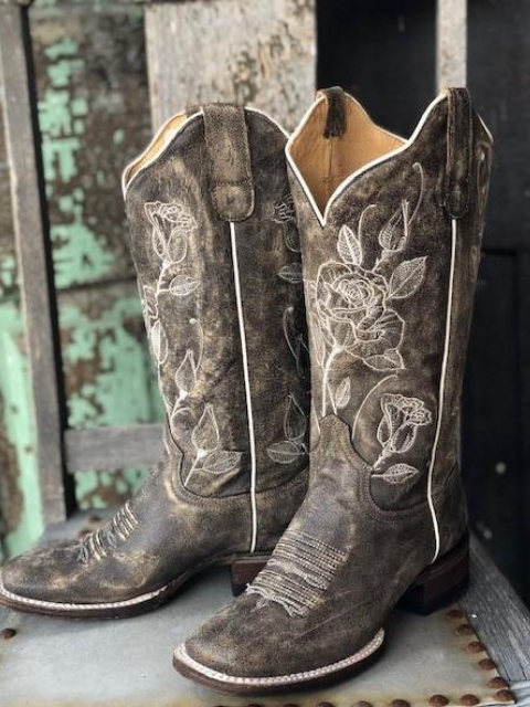 Wide Calf Cowboy Boots Vintage Desert Rose Brown Square Toe Boots