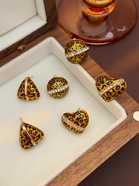 Leopard Print Round, Triangle and Heart Stud Earrings