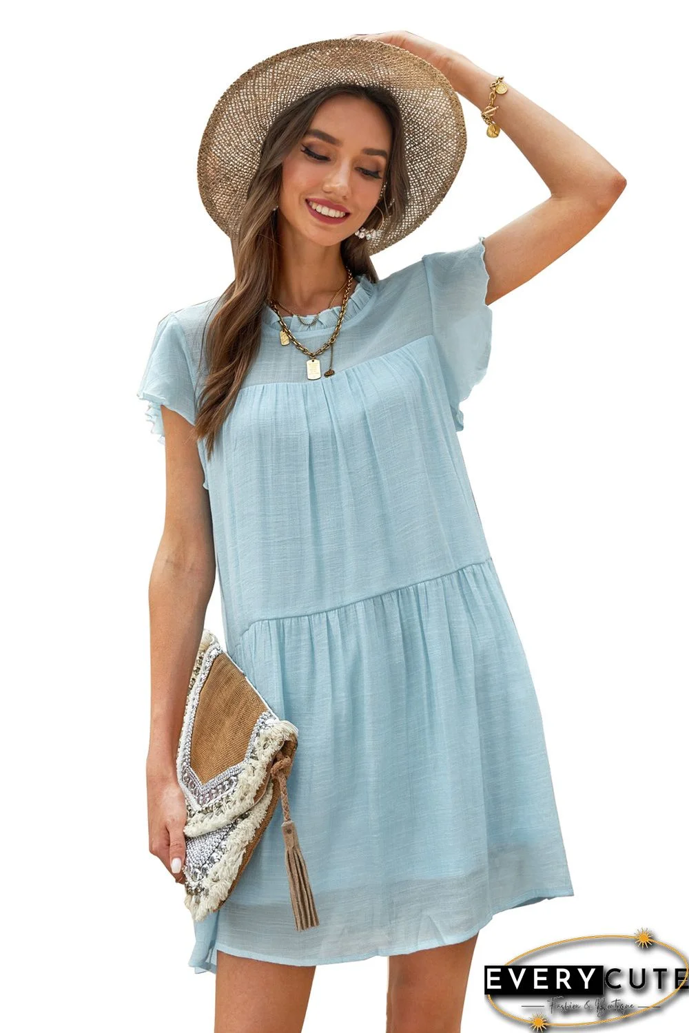 Sky Blue Frilled Neck Ruffle Swing Mini Dress with Pockets